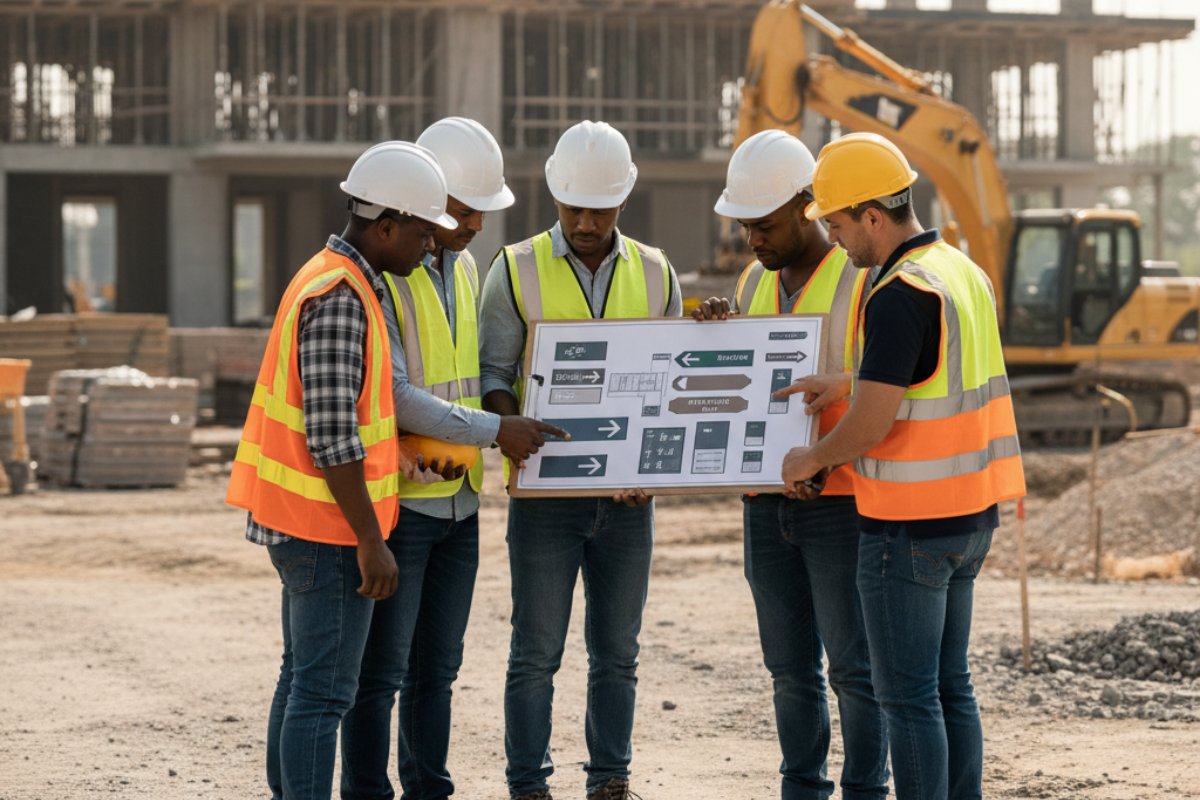 “Team briefing on-site engineers and workers gathered around signage plan displayed on clipboard.”